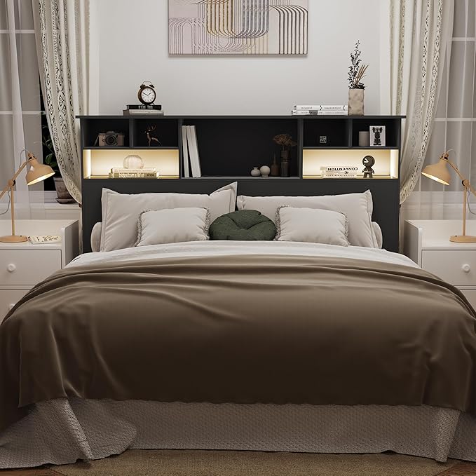 Queen/Full Headboard Only for Bedroom, Stylish Bookcase Headboard with Charging Station & 2 LED Lights, Engineered Wood Queen Size Headboard, Noise-Free HeadBoard with Storage, Black