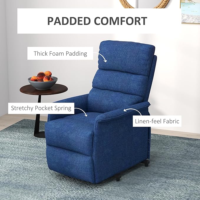HOMCOM Power Lift Recliner Chair for Elderly, Easy Assembly, Fabric Lift Chair for Adults, Recliner Sofa with Remote Control, Side Pockets for Living Room, Dark Blue