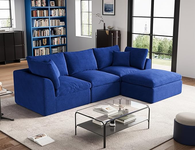 110" Cloud Sectional Couches for Living Room, Boneless L-Shape Couch with Ottoman, 3 Seater Modular Sectional Sofa, Blue