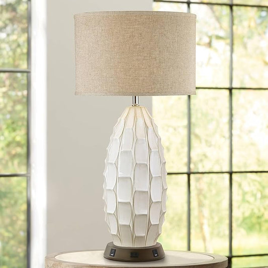 Possini Euro Design Cosgrove Mid Century Modern Coastal Table Lamp with USB and AC Power Outlet Workstation Charging Base Oval 32.75" Tall White Ceramic Beige Fabric Drum Shade for Living Room