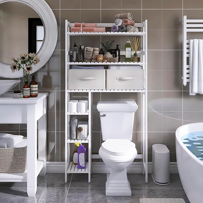 SMIBUY Over The Toilet Storage with Drawers, Large Bathroom Space Saver Organizer Rack, Freestanding Behind Toilet Stand with 6-Tier Shelf and Waterproof Feet Pad for Restroom, Laundry (White)