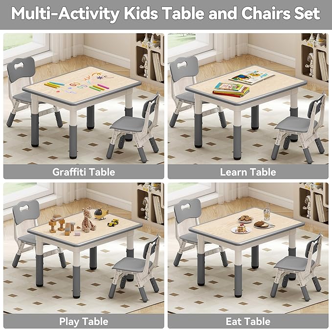 Kids Study Table and Chairs Set, Height Adjustable Toddler Table and Chair Set for Kids Ages 3-8, 31.5" L x 23.6" W Graffiti Desktop Plastic Children Art Table with 2 Seats, Grey