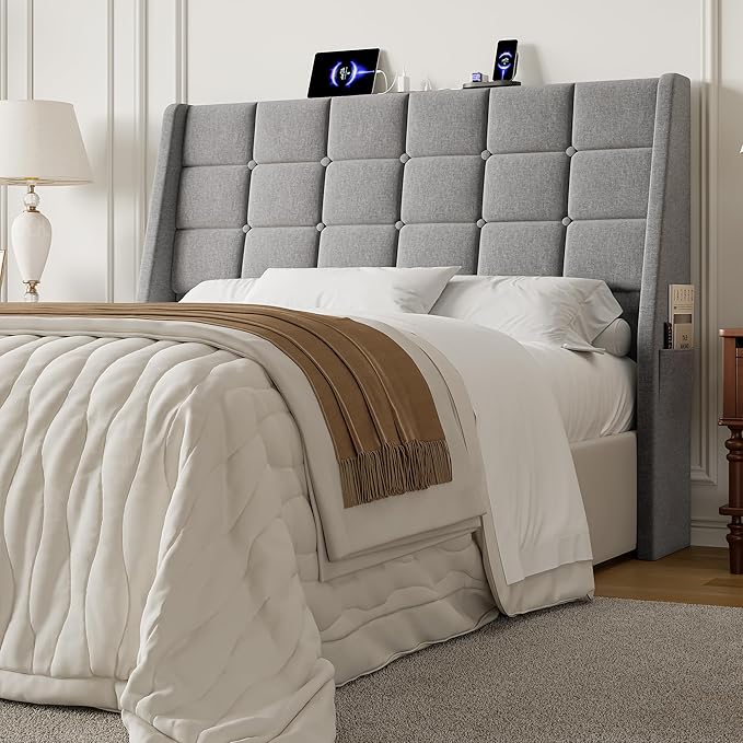 Full Size Headboard with Charging Station, Ergonomic Upholstered Linen Headboards Only, Wingback Wood Bed Head Board with Storage Pocket, Bed Frame Adapters, Light Grey