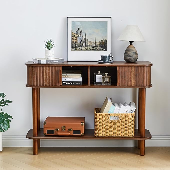 RARZOE Console Table with Storage, Fluted Entryway Table with Sliding Door&Open Shelf, Sofa Table Behind Couch, Mid-Century Modern Accent Table for Hallway, Entrance, Foyer, Fully Assembled(Walnut)