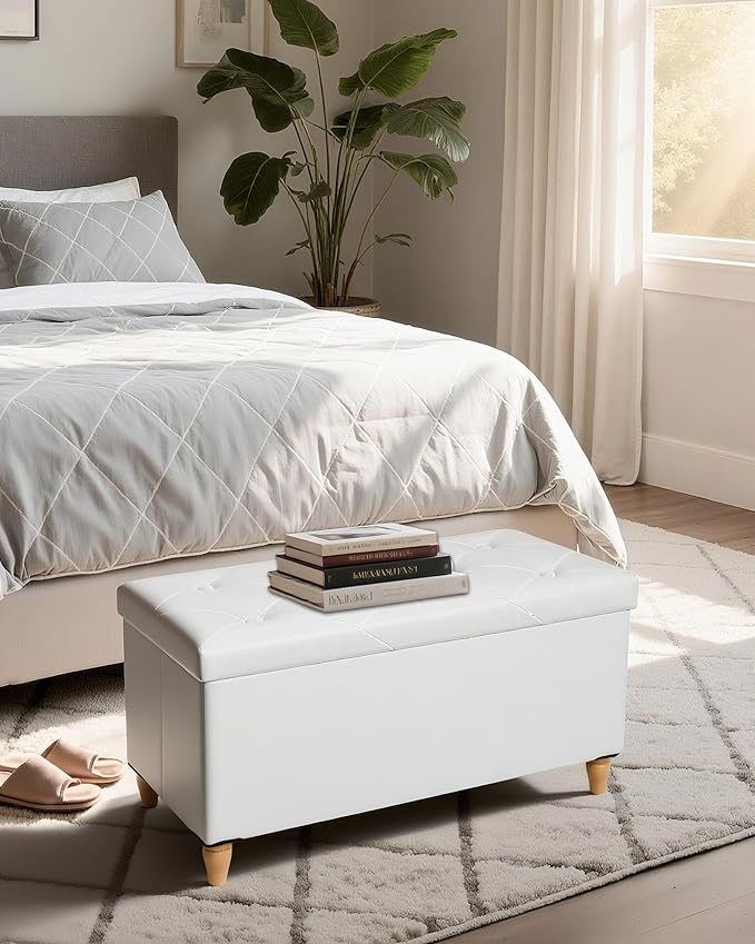 GLAXYFUR 30 Inches Storage Ottoman Bench with Wooden Legs, Faux Leather Folding Ottoman Foot Rest, Storage Bench for Living Room, Hallway & Bedroom, Upgrade Large Capacity (Engineered Wood, White)