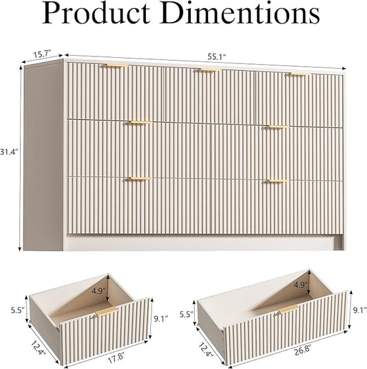 Beige Dresser for Bedroom, Modern Dresser with 7 Drawers and Smooth Slides, Wide Chest of Drawers with Golden Handles for Bedroom, Living Room, Closet, 15.7" D x 55.1" W x 31.4" H