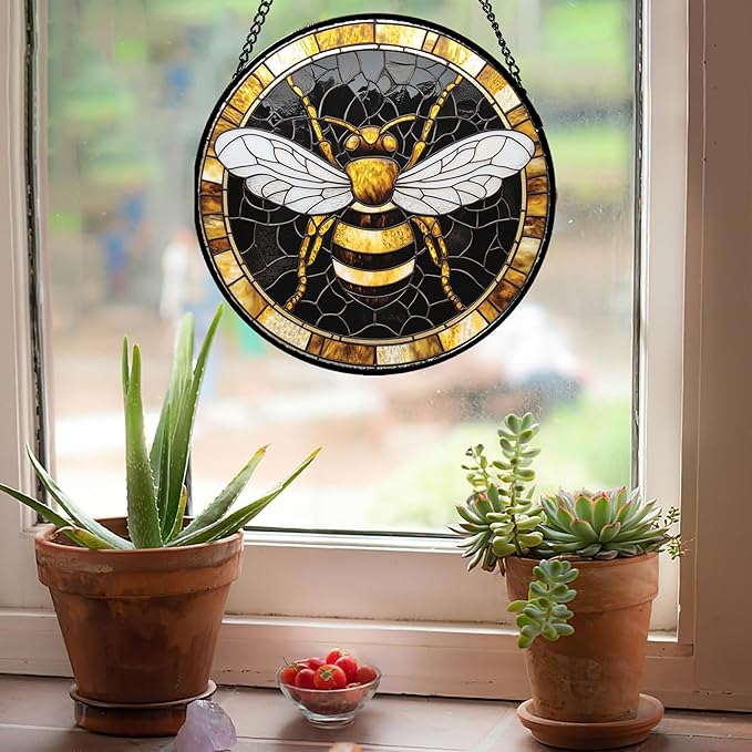Stained Glass Window Hanging - Black Gold Bee White Wings Sun Catcher for Door Home Decor Insect Suncatcher Christmas Mother's Day Birthday Gifts for Women Men Lovers Mom Nana 11.8 in