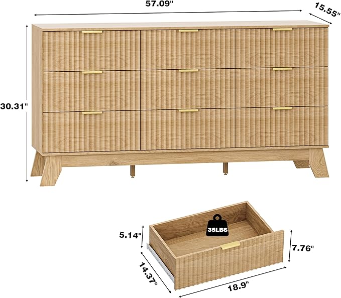 Fluted Dresser for Bedroom with 9 Drawers, 57" Mid Century Modern Dresser of Closet TV Stand, Nature Wood Dressers with Gold Handle, Boho Closet Wide Modern Chest of Drawers, Natural