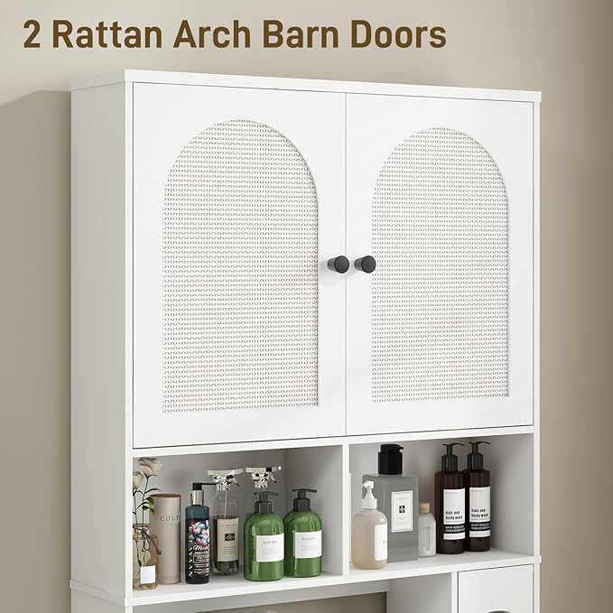 Vabches Over The Toilet Storage Cabinet, Rattan Storage Cabinet Over Toilet with 2 Doors & Toilet Paper Holder Stand, Freestanding Toilet Shelf Space Save with Anti-Tip Design Adjustable Shelf, White