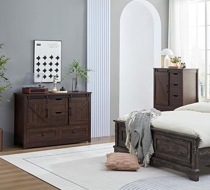 Farmhouse Dresser for Bedroom, 4 Drawers with Sliding Barn Door, 48" Wide 4 Chest of Drawers, Storage Organizer Dresser for Bedroom, Hallway, Living Room, Kids Room, Espresso