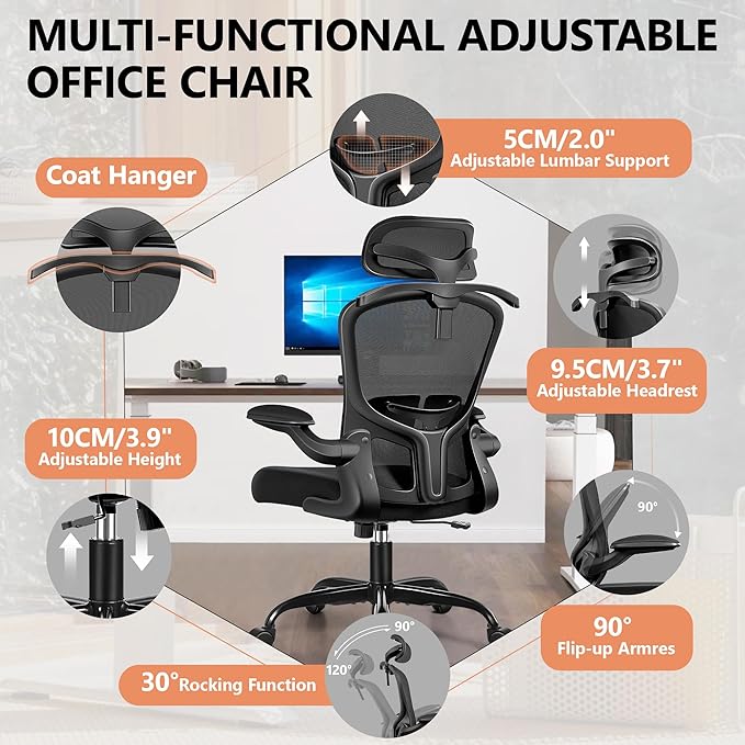 FelixKing Office Chair with Headrest, Ergonomic Desk Chair with Wheels, Task Swivel Comfy Chair with Adjustable Lumbar Support, Breathable Mesh Computer Chair with flip-up Armrests for Home (Black)