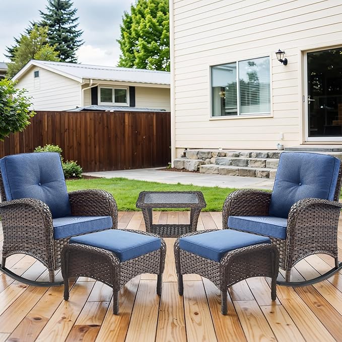 HUMMUH 5 Pieces Wicker Patio Furniture Set,Outdoor Rocker Chairs,Patio Ottomans,Glass Top Side Table,Outdoor Conversation Set for Porch Deck Backyard Poolside