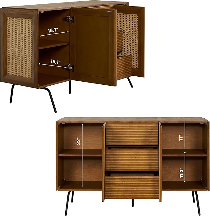 NTC MOSSIC Sideboard with 2 Doors and 3 Drawers, Buffet Cabinet with Natural Rattan and Metal Legs, Modern Storage Cabinet for Living Room, and Hallway, Effortless Assembly - Rustic Oak