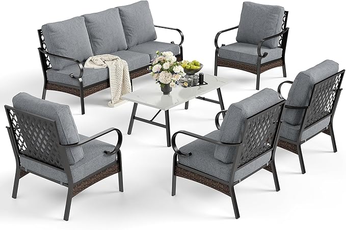 6 Piece Metal Outdoor Patio Furniture Sets, Patio Conversation Sets 1 3-Seater Sofa, 4 Single Sofa with 5.75" Extra Thick Cushion & Coffee Table, Black Frame Backyard Furniture, Gray