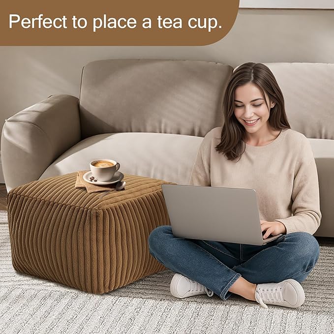MeMoreCool Square Stuffed Pouf Ottoman Foot Rest, Stripe Furry Floor Pouf Foot Stool with Foam Chunk Filling, Soft Fluffy Stuffed Ottoman Footrest for Living Room, Faux Fur Coffee