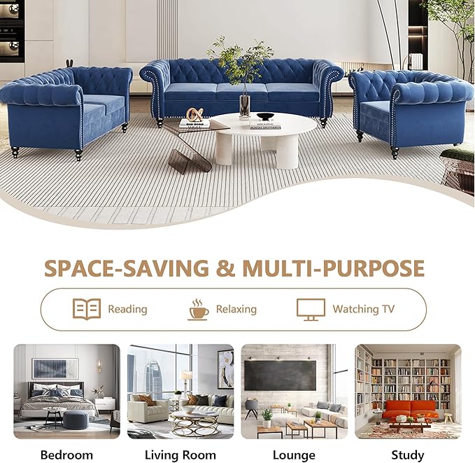 Velvet Loveseat Sofa, Mid Century Modern Upholstered Couch, 62" Oversized Comfy 2 Seater Love Seat Couch with Cushions, Tufted Chesterfield Sofa for Living Room, Bedroom, Apartment (Blue)
