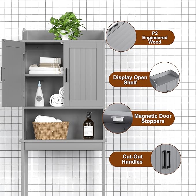 Over-The-Toilet Storage Shelf with Doors, Bathroom Freestanding Organizer Space Saver with Adjustable Shelf, Gray