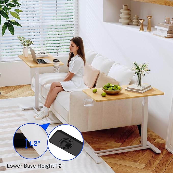 FLEXISPOT Adjustable C Table with Wheels, Mobile Snack Side End Table Sofa Couch Bedside Table Laptop Rolling Cart TV Tray Night Stand Small Space Side Table,(27.6" W x 15.7" D,Maple)