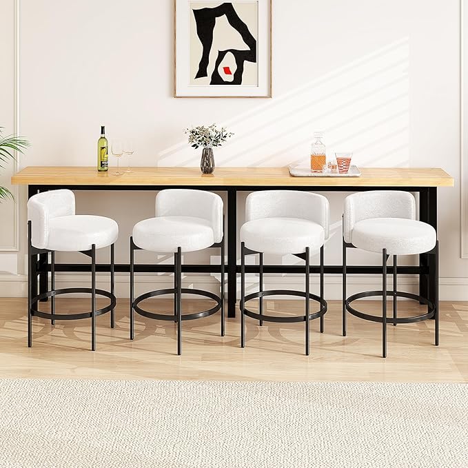 COSTWAY Counter Height Bar Stools Set of 2, 24.5 Inch Boucle Modern Barstools w/Curved Backrest, Metal Frame, Comfy Footrest, Upholstered Island Chairs for Dining Room, Kitchen, Cafe, 400 LBS Max Load
