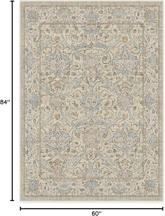 RUGGABLE x Morris & Co Washable Area Rug – Montreal Natural Blue 5x7, Stain-Resistant, Non-Slip – Medium Machine Washable Rugs for Living Room, Bedroom, Hallway, Entryway & Office–with Cushioned Pad
