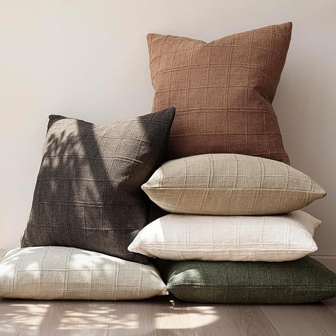 Foindtower Set of 2 Decorative Linen Check Throw Pillow Covers Neutral Farmhouse Vintage Cushion Covers Modern Boho Home Decor for Sofa Chair Couch Bedroom Living Room,20×20 Inch,Dark Brown