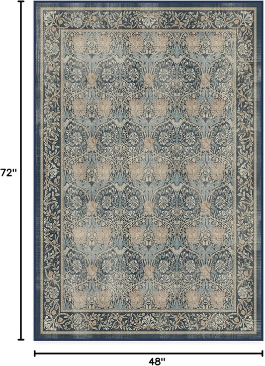 RUGGABLE x Morris & Co Washable Area Rug– Honeysuckle & Tulip Blue 4x6, Stain-Resistant, Non-Slip – Medium Machine Washable Rugs for Living Room, Bedroom, Hallway, Entryway & Office–with Standard Pad