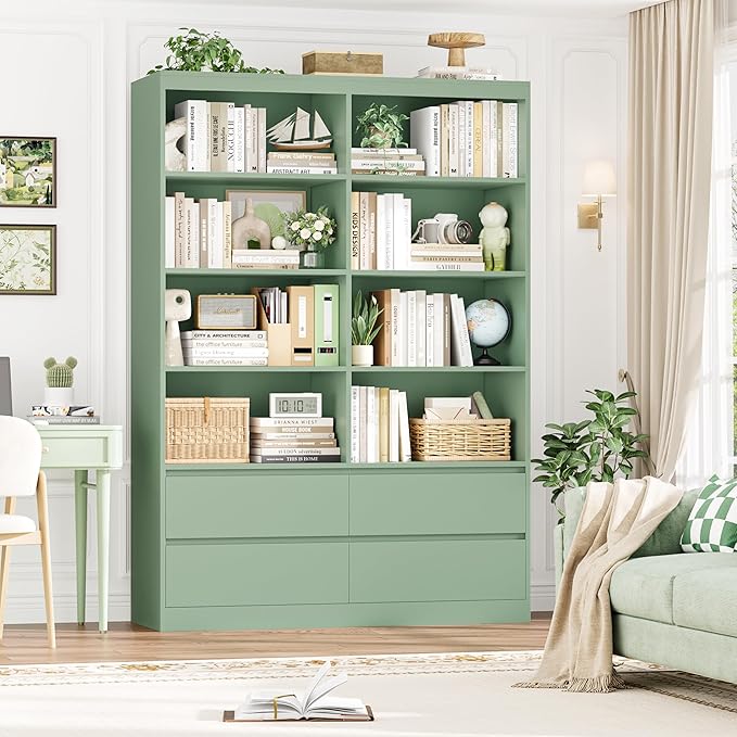 FINETONES 71" Bookshelf with Drawers, 47.3" Double Wide Bookshelves and Bookcases with Storage, Tall Bookshelf Large Open Book Shelf Standing Book Case for Home Office, Green