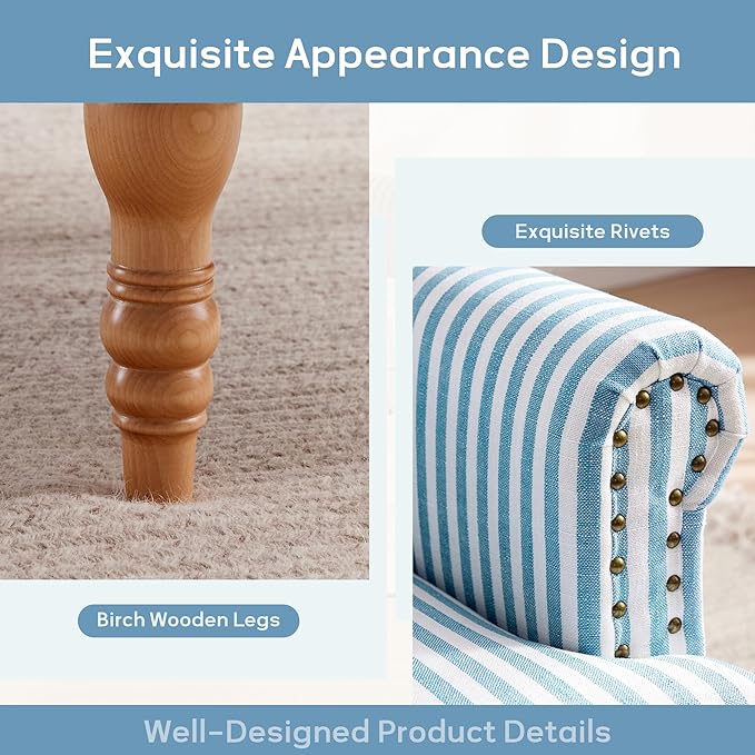 HUIMO Linen Fabric Accent Chair, Mid-Century Modern Armchair with Solid Wood Legs, Single Sofa Chair,Upholstered Reading Club Chair (1, Blue and White Stripe)