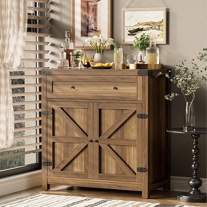 JUMMICO Coffee Bar Cabinet Farmhouse Kitchen Sideboard Buffet Cabinet with Drawer and Adjustable Shelf Barn Door Storage for Kitchen, Dining Room, Bathroom, Entryway (Brown)