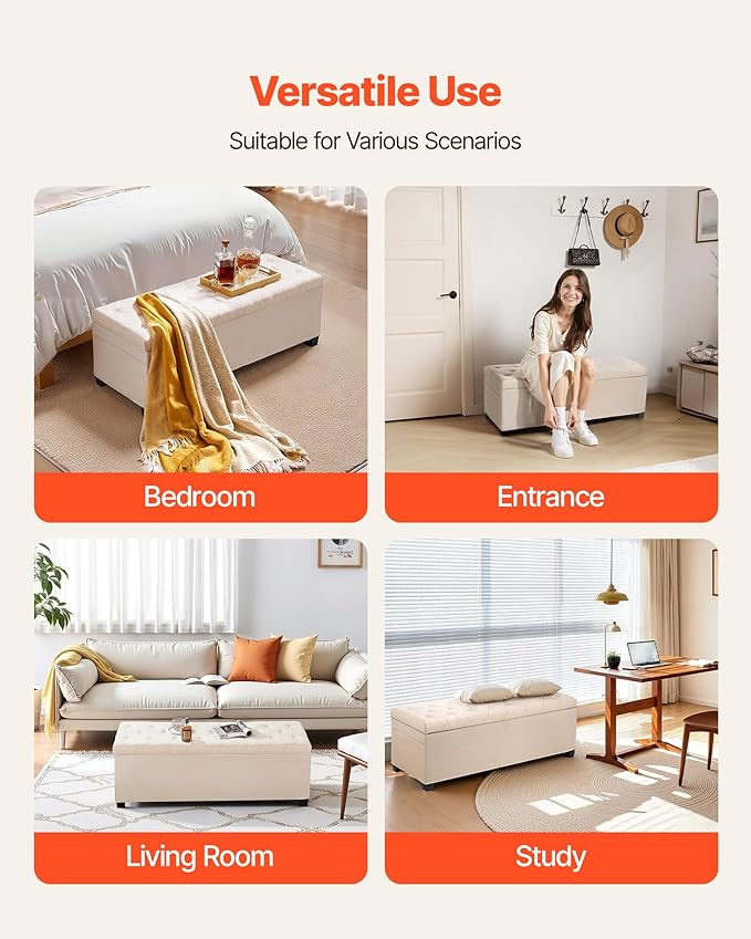 VEVOR Storage Ottoman Bench, End of Bed Bench with 2 Side Bags, Fabric Upholstered with Metal Frame, Toy Box Storage, Bed Benches for Foot of Bed, Bench for Entryway, Living Room, Playroom, Beige