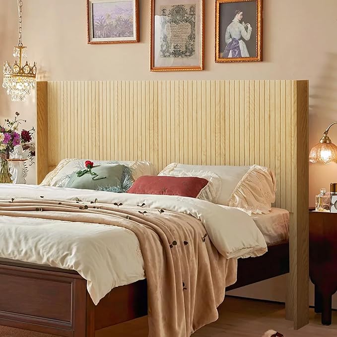 Wood Headboard, 64.5" Wide Headboard for Queen Size Bed, Wall Mounted Fluted Panel, Wingback Modern Headboards,(Oak,Queen)