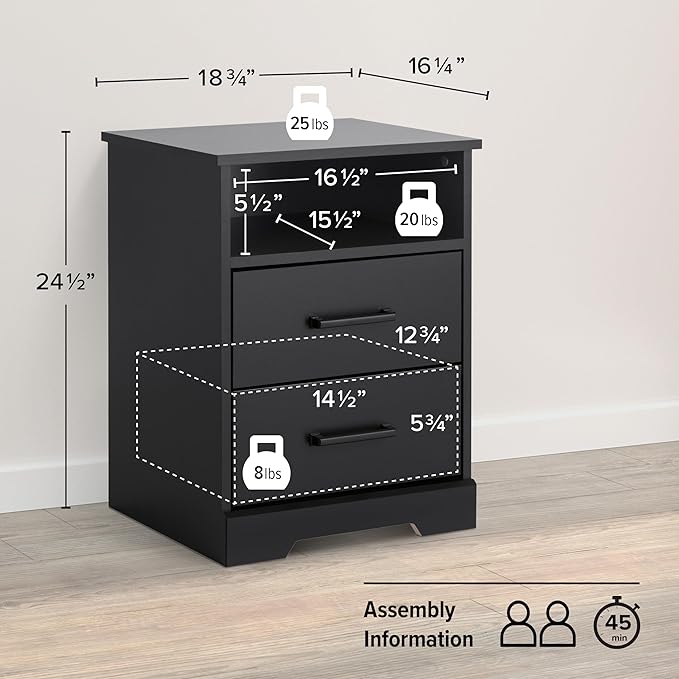 Prepac Rustic Ridge Farmhouse Nightstand Bedside Table, Black Nightstand for Bedroom, End Table with 2 Drawers and Open Shelf 16.25"D x 18.75"W x 24.5"H
