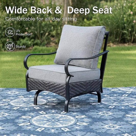 PHI VILLA Patio Furniture Set with 56" Fire Pit Table, Premium Outdoor Wicker Metal Frame Furniture with Upgraded Waterproof Thick Cushions for Porch, Poolside, Deck, and Yard (4 Pieces,Grey