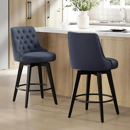 Watson & Whitely Modern Swivel Bar Stools, Performance Fabric Upholstered Counter Height Bar Stool with Back, Solid Wood Legs, 26" H Seat, Set of 2, Insignia Blue
