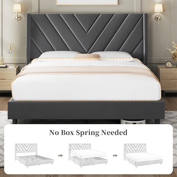 Yaheetech Queen Bed Frame Upholstered Platform Bed with Wing Side/Wooden Slat Support/Tufted Headboard with Wing Side/Mattress Foundation/No Box Spring Needed,Deep Gray Queen Bed