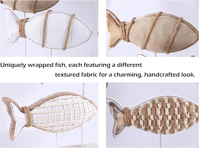 Wooden Fish Figurines with Jute Rope and Cotton String, Fish Sculpture Statues for Home Decoration, Table Top Nautical Decor for Living Room, Bedroom, Beachhouse Home Decor (JuteFish-5)