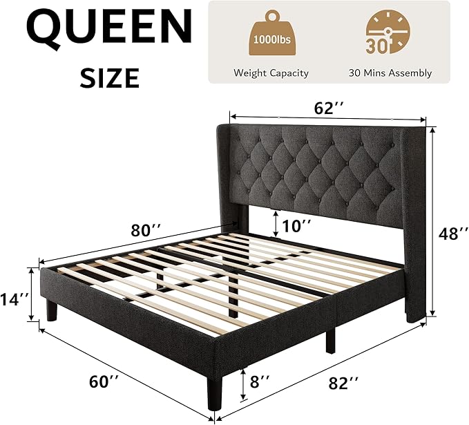 iPormis Queen Size Platform Bed Frame with Button Tufted Headboard, Upholstered Bed Frame with Solid Wooden Slats, 8" Underbed Space, No Box Spring Needed, Noise Free, Easy Assembly, Dark Gray
