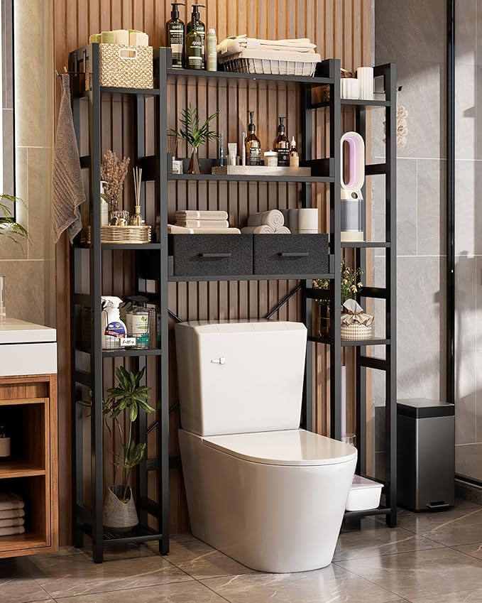 Over The Toilet Storage with 2 Drawers - 11 Tier Bathroom Organizer Freestanding Space Saver Storage Rack with Adjustable Shelf Above Toilet Stand with 4 Hooks for Restroom, Laundry, Black