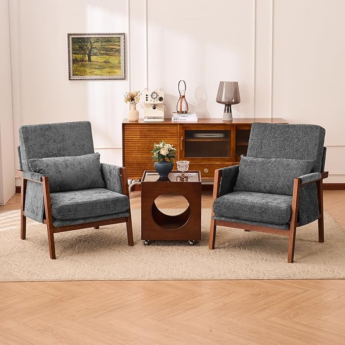 Accent Chair Mid-Century Modern with Lumbar Support Pillow, Upholstered Living Room Chairs with Wooden, Chenille Armchair with Cushion, Anthropologie Side Chair for Bedroom, Dark Grey