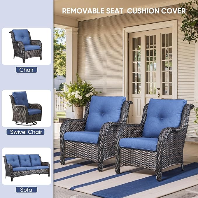 8-Piece Outdoor Patio Cushion Set - Fade & Water Resistant with Removable Olefin Cover, 22x24x4 Inch Memory Foam Cushions for Wicker Sectional Sofa – Blue/Buckle