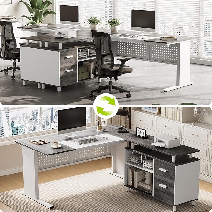 LITTLE TREE Large Computer Desk with File Cabinet, 63-Inch Executive Desk L Shaped Office Desk with Drawers and Storage Shelves, Business Furniture Desk Workstation for Home Office (Grey + White)