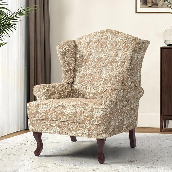 Accent Chair, High Back Upholstered Armchair with High Resilience Sponge & Wood Legs, Mid-Century Modern Comfy Single Sofa Reading Chairs for Living Room, Bedroom (Floral Sand, Set of 1)
