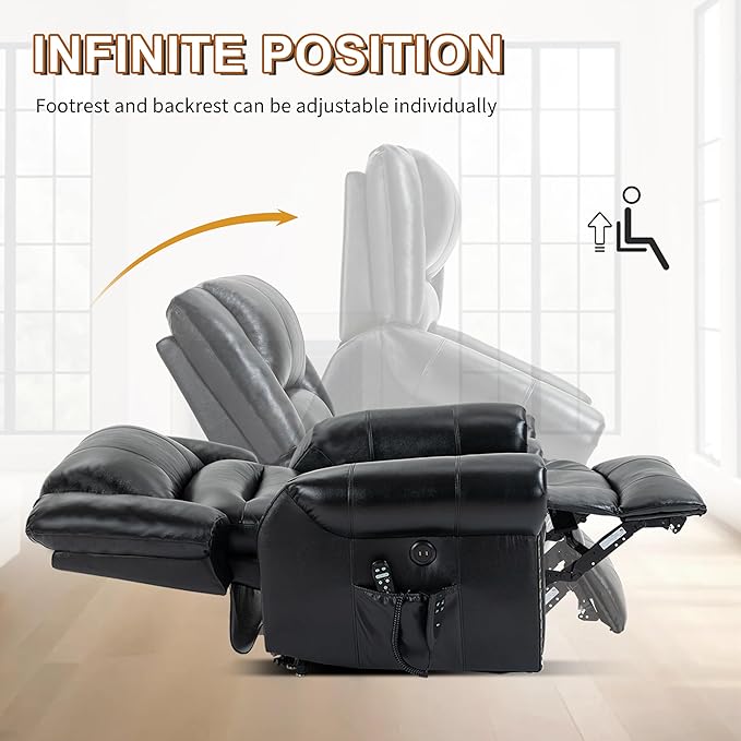 Luxlen Power Lift Recliner Chair for Elderly, Dual Motor Massage Recliner with Lumbar Heat, Heavy Duty Motion Mechanism Lift Chair with Charge Ports, Genuine Leather - Black