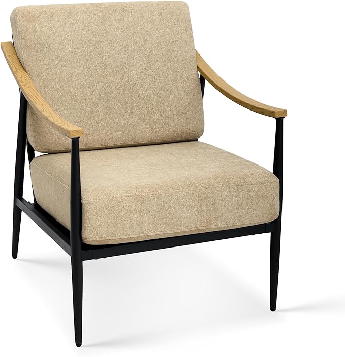 Modern Accent Chair for Living Room Bedroom Mid Century Arm Chair Upholstered Office Accent Chair Comfy Waiting Room Chair with Metal Frame, Khaki