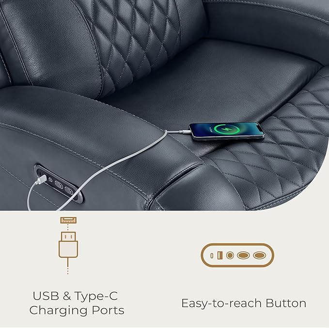 CHITA Genuine Leather Recliner Chair for Adults with Adjustable Power Headrest, Lay Flat Power Recliner with Slide-Out Cupholders & USB/Type-C Ports, Living Room Chair, Navy Blue