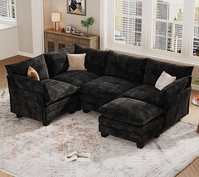 KKL Modular Sectional Sofa, J-Shaped 5 Seater Convertible L-Shaped Cloud Couch with Ottoman, Chenille Modern Sectional Couches for Living Room, Apartment Black