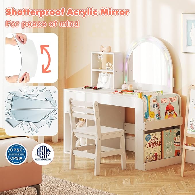 Costzon Kids Vanity, Girls Vanity Set with Lighted Mirror, Bookshelf, Drawer, Storage Cabinet & Shelves, Toddler Makeup Vanity Desk Dressing Table, Wooden Kids Vanity Table and Chair Set (White)
