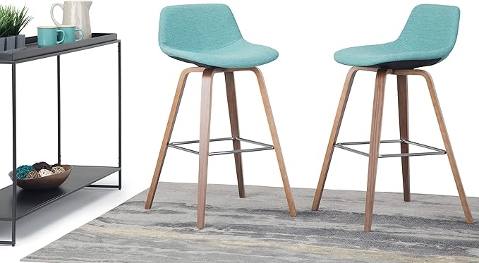 SIMPLIHOME Randolph Counter Stools (Set of 2) - 28 Inch Seat Height Upholstered Bentwood Kitchen Seats in Aqua Blue Linen Look Fabric, Mid Century Modern Seating with Curved Backrest and Footrest