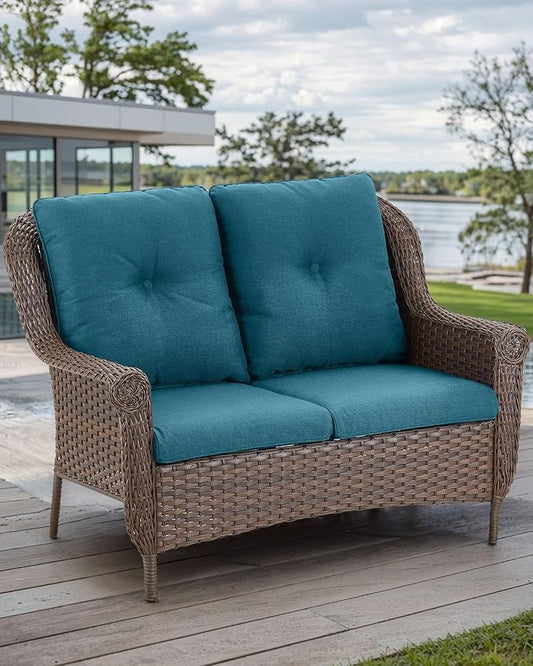 Patio Loveseat Outdoor Wicker Sofa - Heavy Duty All-Weather Brown Rattan 2-Person Sofas with High Back and Comfortable Thick Cushions for Garden Back Porch Poolside Apartment - Peacock Blue
