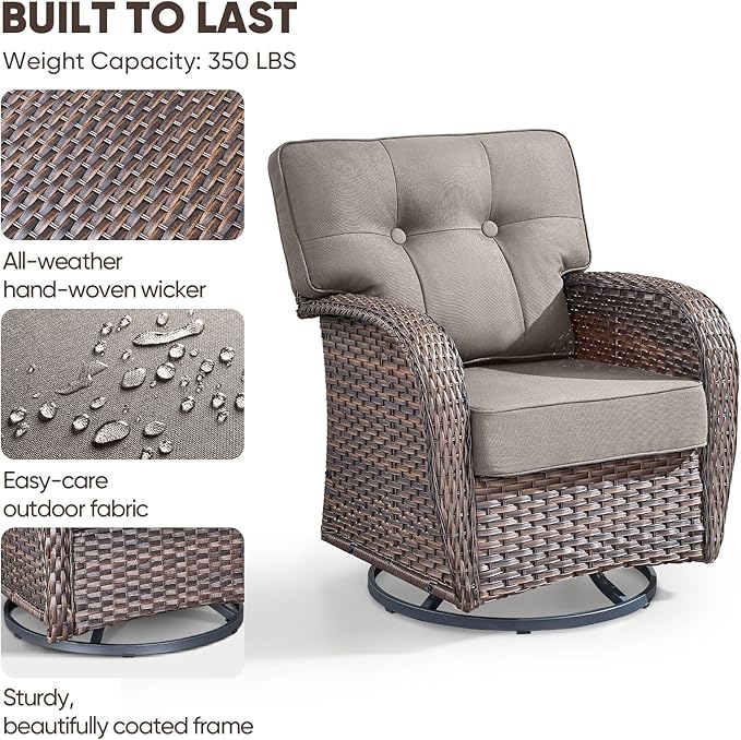 9-Piece Rotating Balcony Chair Set with 31-inch T-Shaped Wide backrest - Rattan Outdoor Rotating Balcony Chairs, Wide backrest Comfortable Outdoor Sliding Chair - Brown | Grey